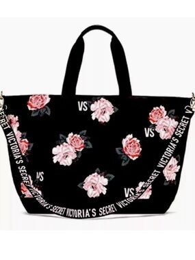 Victoria's Secret Black Floral Weekender/Tote/Beach/Duffle Bag NWT